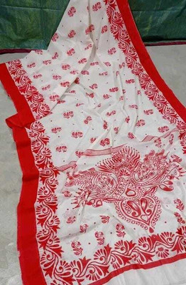 SMRITI CREATION Printed Handloom Handloom Pure Cotton Saree(White, Red)