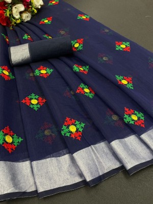 KRIVITY Embroidered Chanderi Cotton Linen Saree(Dark Blue)