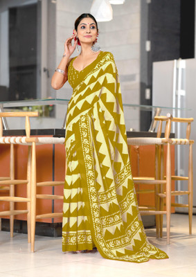 PANZORA Printed Daily Wear Cotton Blend Saree(Cream, Yellow)