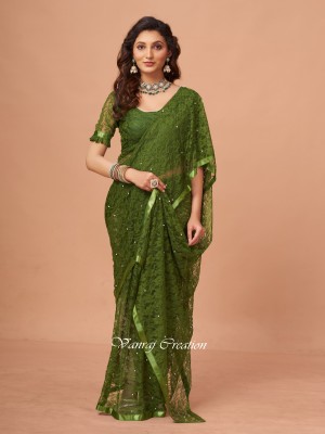 VANRAJ CREATION Self Design Bollywood Net Saree(Light Green)