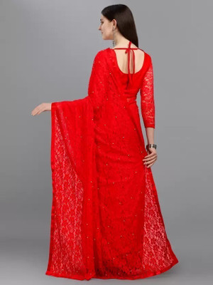 NexxaFashion Printed Banarasi Lycra Blend Saree(Red)