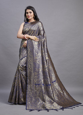 Amrut Collection Self Design Banarasi Silk Blend Saree(Dark Blue)