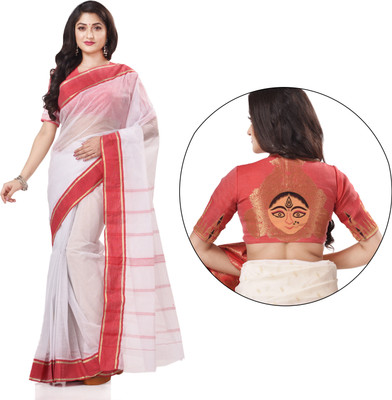 Desh Bidesh Woven, Self Design, Solid/Plain, Striped Handloom Handloom Cotton Blend, Pure Cotton Saree(Red, White)