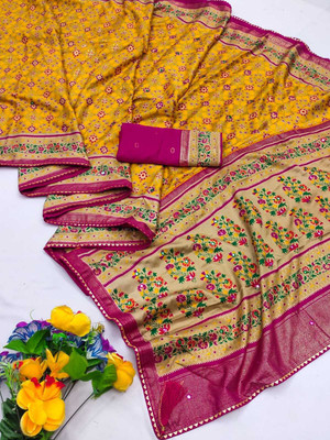 TALADARA Floral Print, Woven, Embellished, Printed Patola Semi-Pashmina Saree(Yellow)