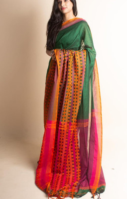 SAYAN CREATION Self Design Handloom Pure Cotton Saree(Dark Green)