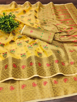 NIYAMI Printed, Self Design, Woven, Floral Print Banarasi Jacquard, Cotton Silk Saree(Yellow)