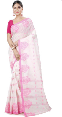 NihaRika Collections Woven, Self Design Tant Pure Cotton Saree(Pink, White)