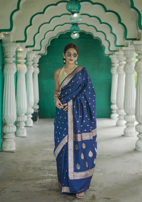 Anjaneya Sarees Printed Banarasi Silk Blend Saree(Blue)
