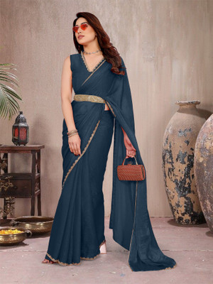 Trend Mahal Solid/Plain Bollywood Jimmy choo Saree(Blue)