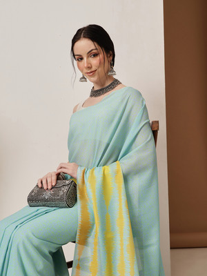 SILK ZONE Color Block Bollywood Mulmul Saree(Light Blue)