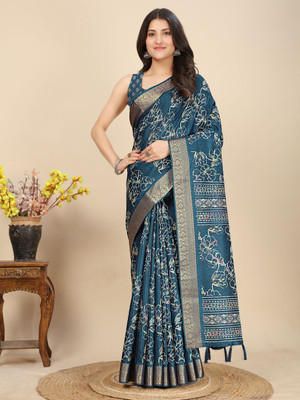 HouseOfCommon Printed Arani Pattu Art Silk Saree(Blue)
