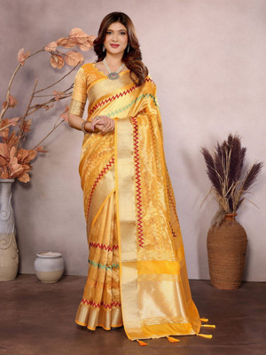 NEGRONI Embroidered Daily Wear Cotton Silk Saree(Yellow)