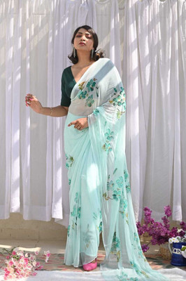 Lakshmi Boutique Hand Painted Handloom Cotton Blend Saree(Pink, Green, White)