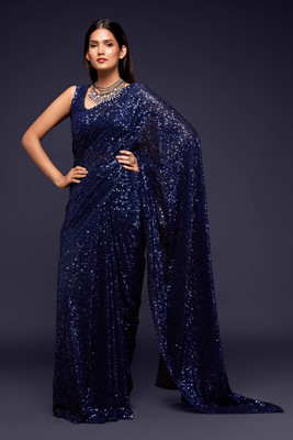 DIVINE INTERNATIONAL TRADING CO Embroidered Bollywood Georgette Saree(Blue)