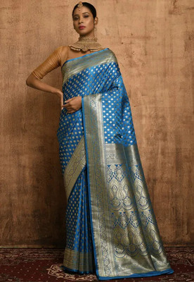 HouseOfCommon Self Design Tant Handloom Cotton Blend Saree(Light Blue)