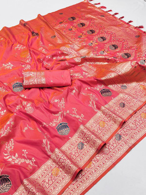 PANZORA Woven Banarasi Cotton Silk Saree(Orange)