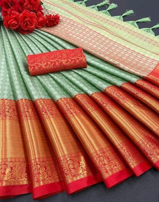 RUHKRUSH Woven, Embellished, Animal Print, Self Design Narayanpet Cotton Silk, Jacquard Saree(Light Green)