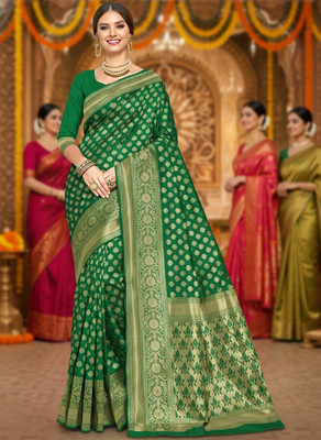 Sariya Woven Banarasi Silk Blend Saree(Dark Green)