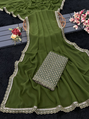 V AMAN FASHION Solid/Plain, Self Design Bollywood Georgette Saree(Dark Green)