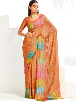 Stylum Printed Bandhani Supernet Saree(Orange)