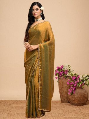 Online Bazaaar Embellished, Embroidered, Solid/Plain Bollywood Chiffon, Pure Silk Saree(Gold)