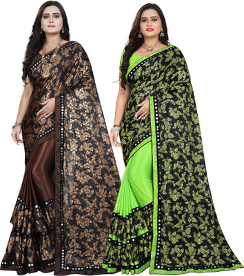 DECOFIN Embellished, Floral Print Bollywood Lycra Blend Saree(Pack of 2, Brown, Light Green)