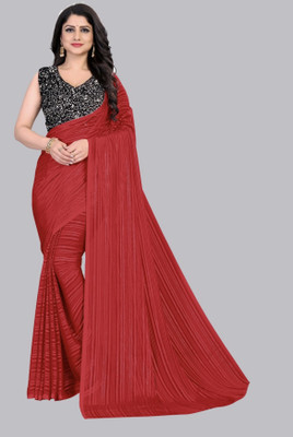 NG CREATION Striped Bollywood Chiffon Saree(Red)