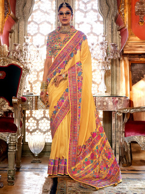 Sareemall Printed Banarasi Silk Blend Saree(Yellow)