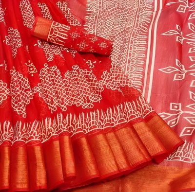 shardatex Printed Daily Wear Cotton Blend Saree(Red)