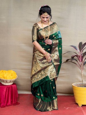 Fashionfeild Self Design Banarasi Cotton Silk Saree(Dark Green)