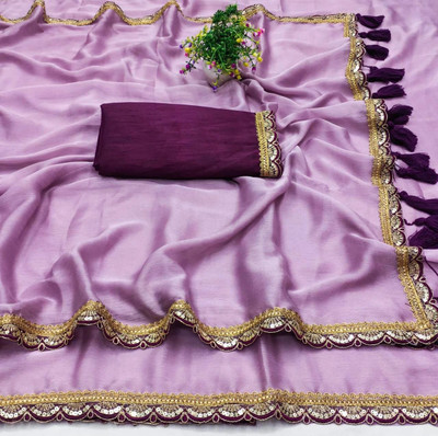 Sundhaji Trends Solid/Plain Bollywood Chiffon Saree(Purple)