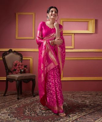 Samah Woven, Embellished, Self Design Banarasi Cotton Silk, Art Silk Saree(Pink)