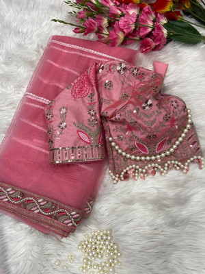 GOLDOLL FAB Embroidered Bollywood Net Saree(Pink)