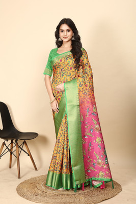 J6 Designers Floral Print Madhubani Cotton Silk Saree(Multicolor)
