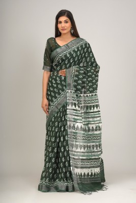 Tropwear Printed Ikkat Cotton Linen Saree(Green)