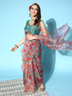Blissta Digital Print Bollywood Organza Saree(Red)