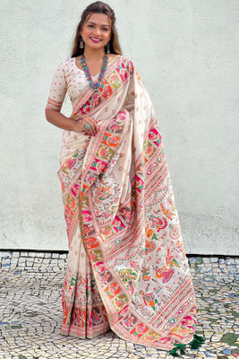 ROOP LAVANYA Woven Patola Pure Silk Saree(White, Multicolor)