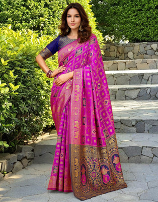 Mahastree Woven, Printed Paithani Silk Blend Saree(Multicolor)