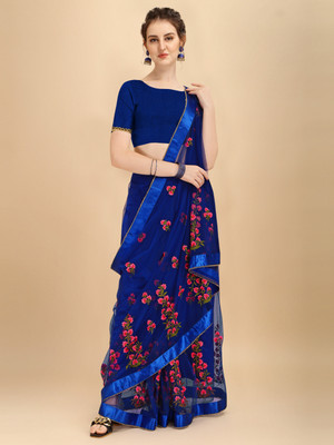 ALAGINI Embroidered Bollywood Net Saree(Blue)