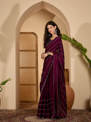 Vichitra Embellished Bollywood Silk Blend Saree(Purple)