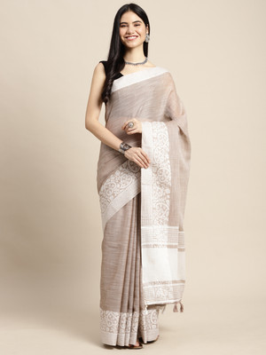 Divastri Printed Jamdani Cotton Linen Saree(Beige)