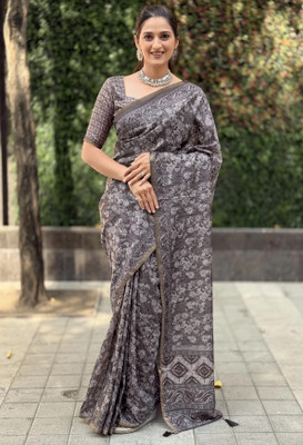 Mugdarra Floral Print Bollywood Silk Blend Saree(Grey)