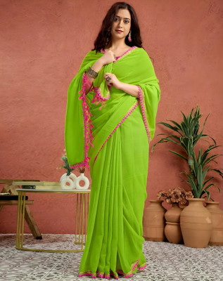 Labheshwari Solid/Plain, Embroidered Daily Wear Georgette Saree(Green)