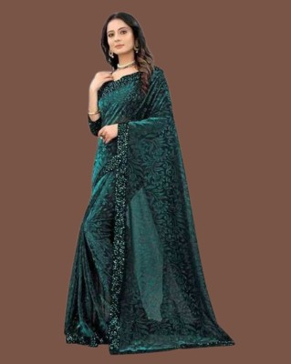 Vragi Solid/Plain Bollywood Lycra Blend Saree(Dark Green)