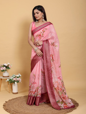 SL F Floral Print, Printed Bollywood Cotton Linen Saree(Multicolor, Pink)