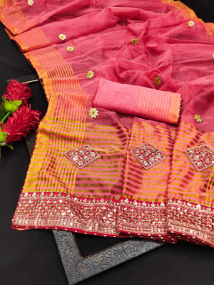 Kanooda Prints Embroidered Kota Doria Net Saree(Multicolor)