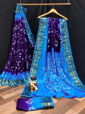 shreeji creation Hand Painted Bandhani Art Silk Saree(Blue)