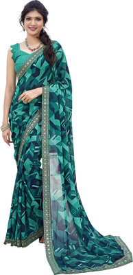 Priyashi Printed Bandhani Georgette, Lace Saree(Blue)