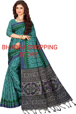 Bhadra Shopping Store Blocked Printed Bhagalpuri Cotton Blend Saree(Blue)