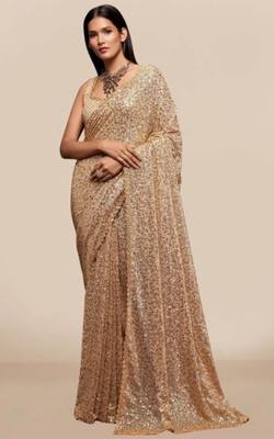 PARROT ENTERPRISE Embroidered, Embellished, Self Design Bollywood Georgette Saree(Pink)